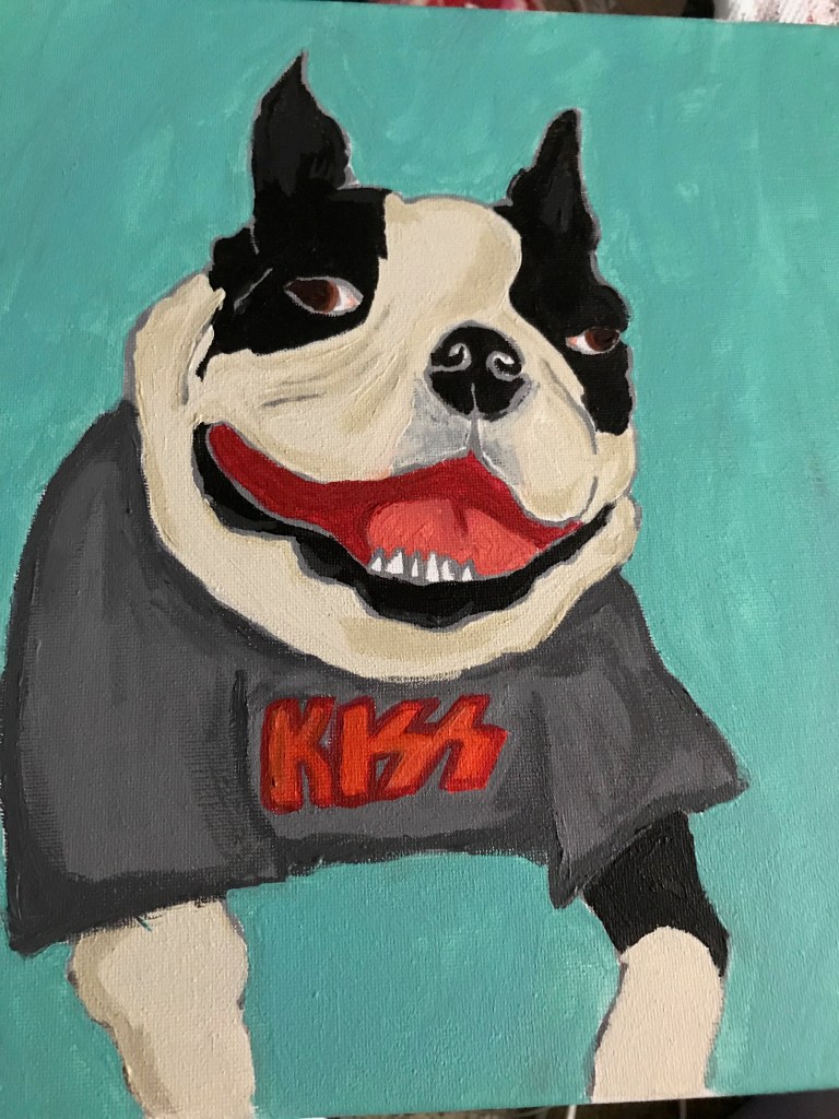 Obi the Boston Terrier in a KISS shirt, Acrylic on Canvas 12x12