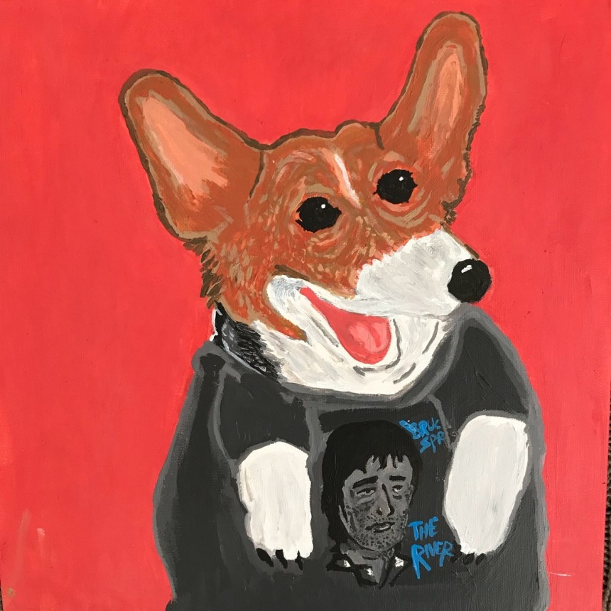 Rusty the Corgi in a Bruce Springsteen shirt, Acrylic on Canvas 12x12